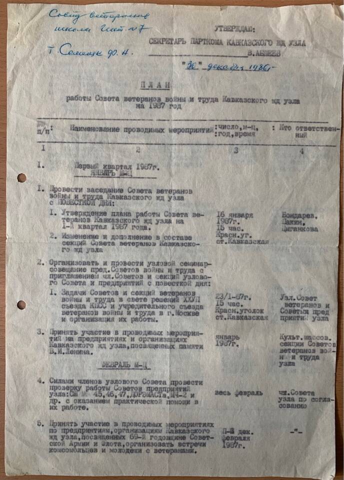 План работы ветеранов войны и труда Кавказского ж.д. узла на 1987 год. 30 декабря 1986 год.