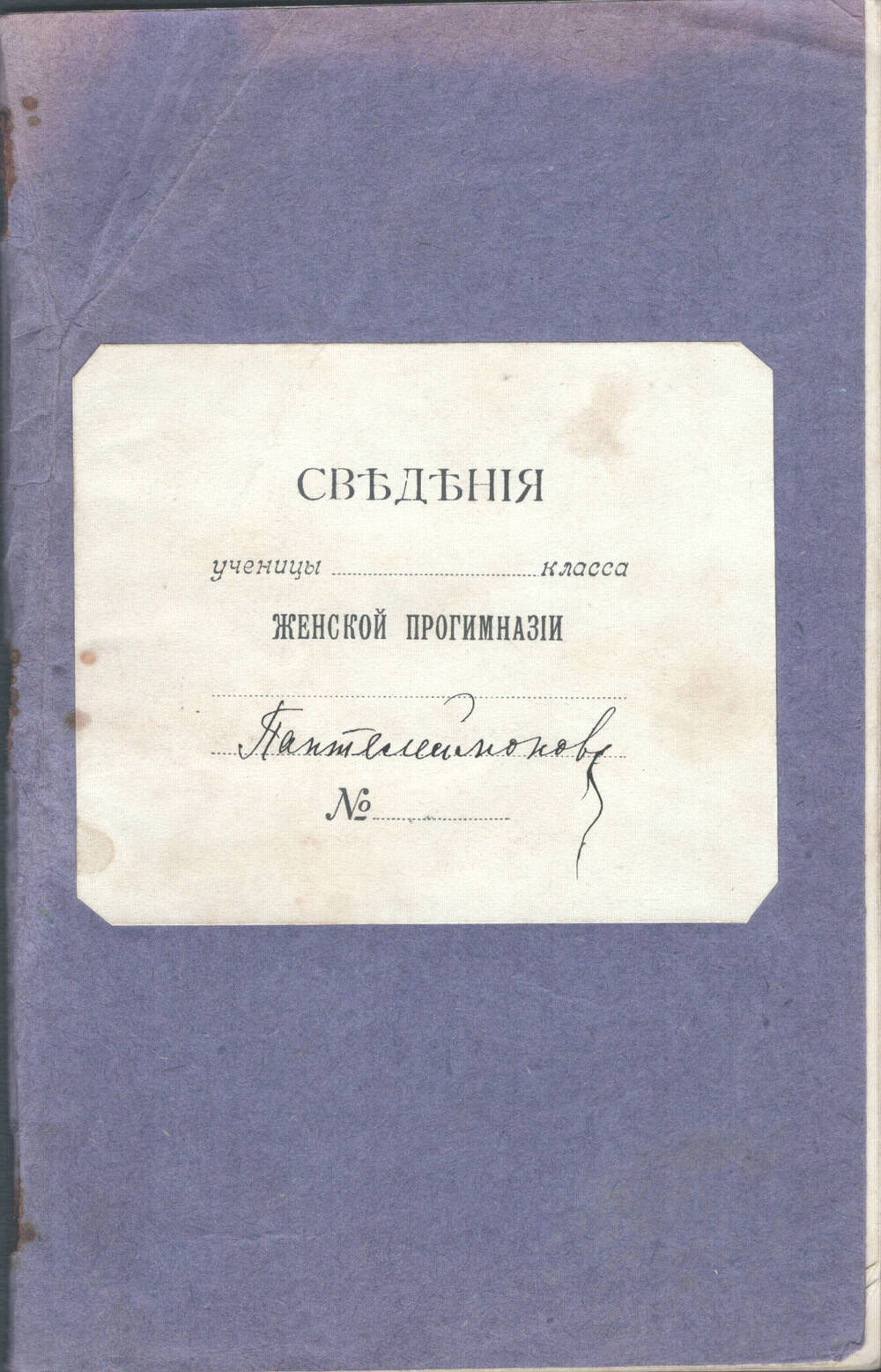 Сведения ученицы VI класса женской гимназии Пантелеймоновой 1912-1913 учебный год.