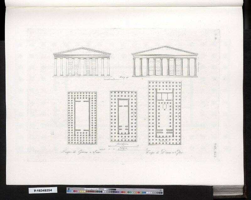 Планы трех храмов и чертежи двух фасадов