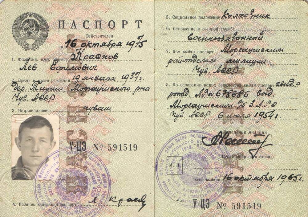 Документ. Паспорт V - ЦЭ № 591519 Краснова Льва Ефимовича.