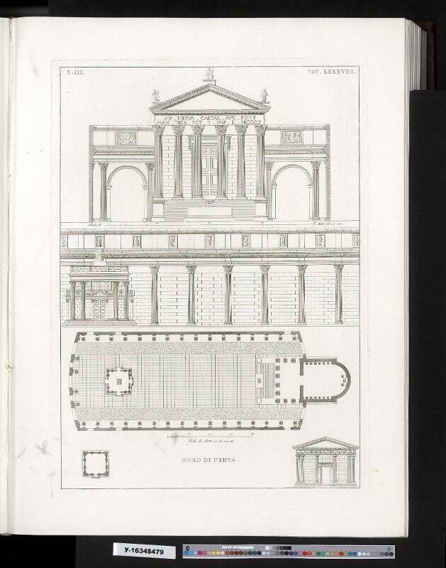 План форума Нервы, чертежи двух фасадов, план и чертеж фасада храмика