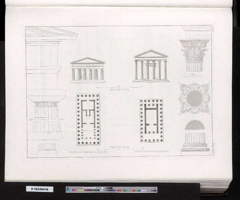 Планы храма Цереры и Коринфского храма, чертежи их главных фасалов и семь чертежей деталей