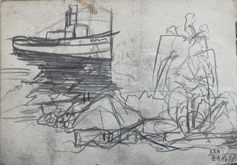 Буксирный пароход на реке, из альбома с рисунками № 7