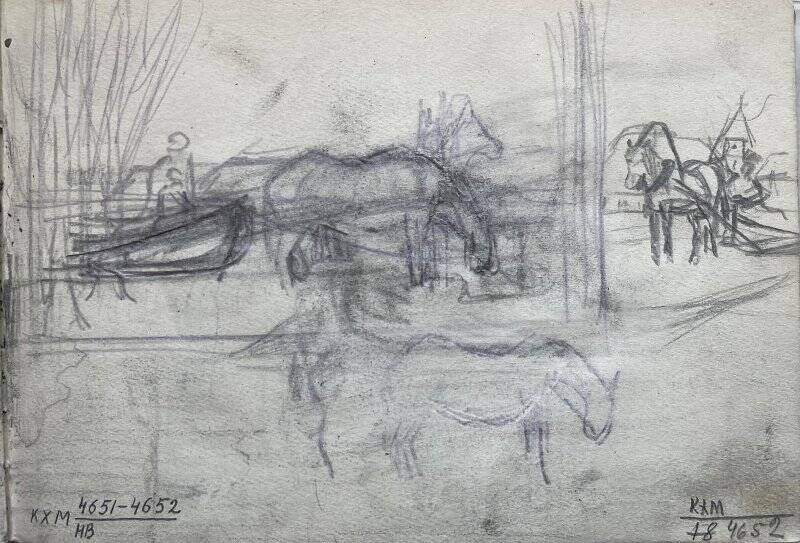 Наброски запряженных лошадей, из альбома с рисунками № 7