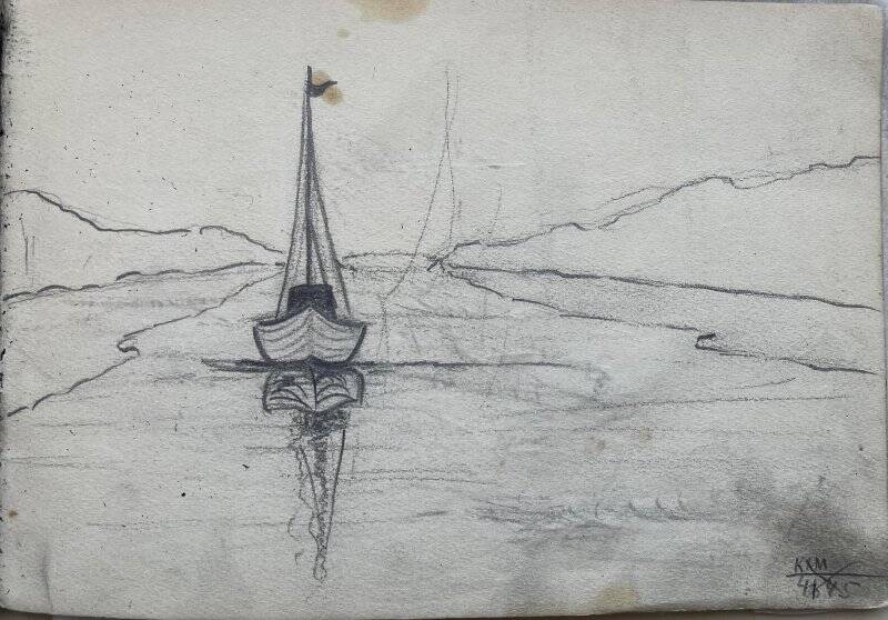 Парусная лодка на реке, из альбома с рисунками № 7