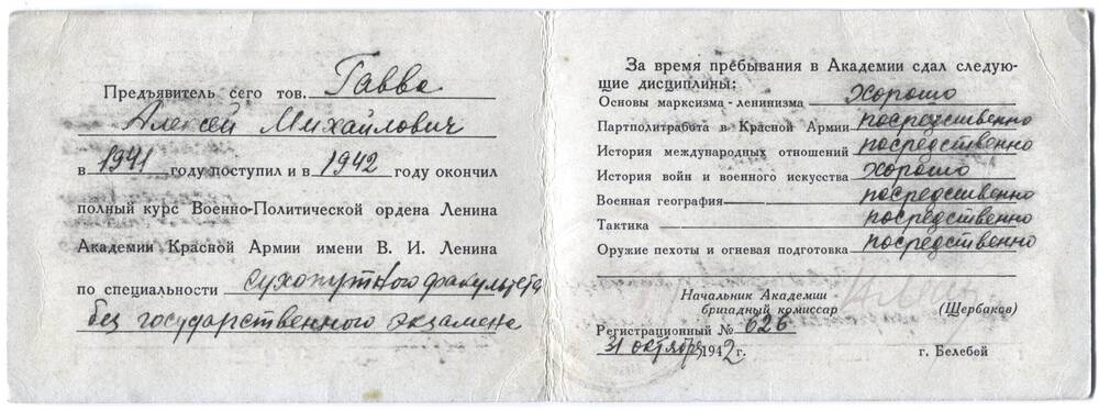 Удостоверение Гаввы А.М. об окончании  военно-политической академии Красной Армии. 1942 г.