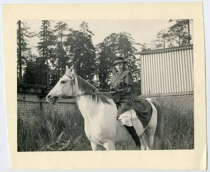 Фотография. Девушка на лошади в костюме для верховой езды.