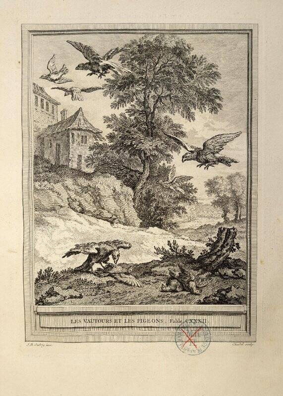 Гравюра. «Les vautours et les pigeons. Fable CXXXII». Илл. к книге: Лафонтен, Жан де. «Избранные басни» с иллюстрациями Жана-Батиста Удри. Том  III. 1755-1759