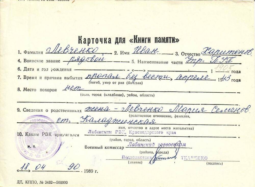 Карточка для «Книги Памяти» на имя Левченко Ивана Харитоновича, предположительно 1905 года рождения; пропал без вести в апреле 1943 года.