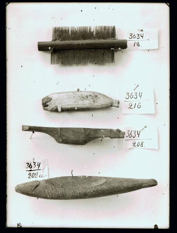 Негатив на стеклянном носителе. Нож (МАЭ № 3634-36), игрушка (МАЭ № 3634-54), изображение черепахи (МАЭ № 3634-214)