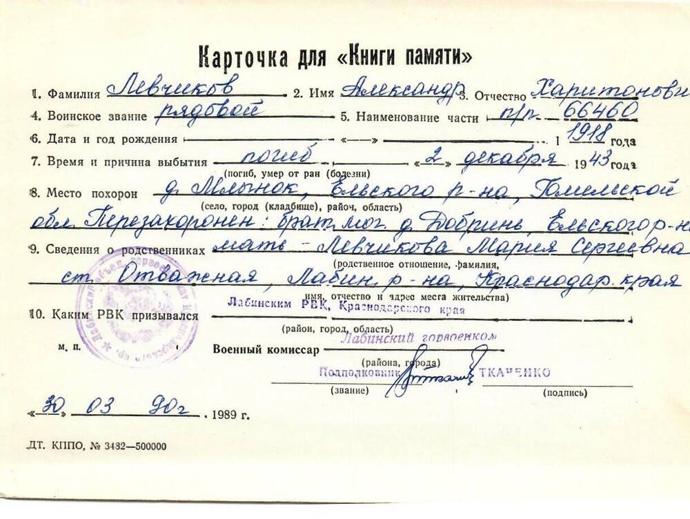 Карточка для «Книги Памяти» на имя Левчикова Александра Харитоновича, 1918 года рождения; погиб 2 декабря 1943 года.