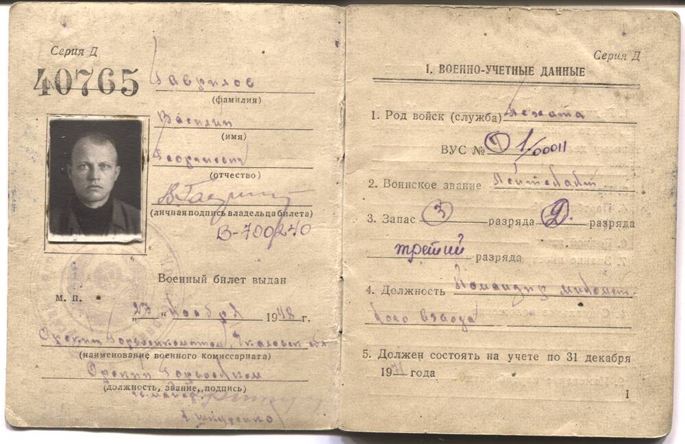 Билет военный  офицера запаса вооруженных сил СССР №Д40765 Гаврилова Василия Георгиевича. 1948 г.