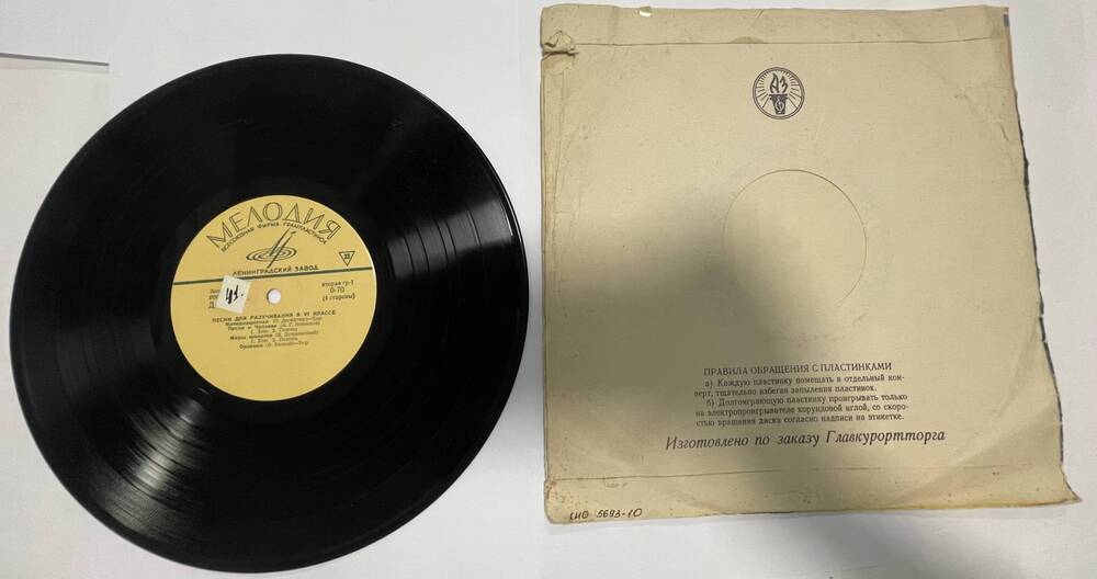 Грампластинка монофоническая долгоиграющая фирмы Мелодия со сборником песен для разучивания в 6 классе, 1970-80-е гг.