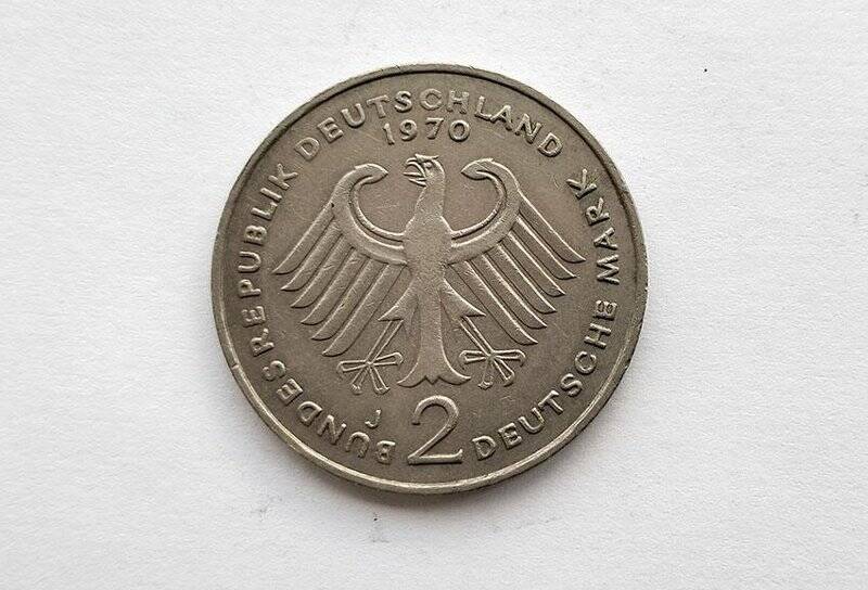 Монета достоинством 2 марки. Конрад Аденауэр, 20 лет Федеративной Республике (1949-1969)