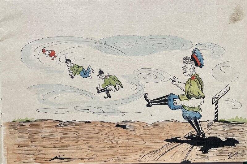 Русский солдат выгоняет Вилли, Франца и турку из альбома карикатур Первой Мировой войны
