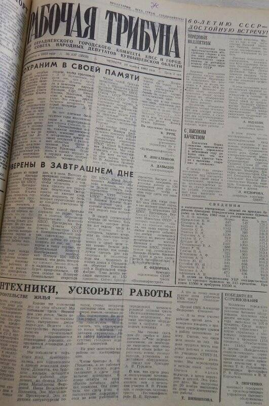 Газета Рабочая трибуна № 137 (3503) от 18 ноября 1982г.