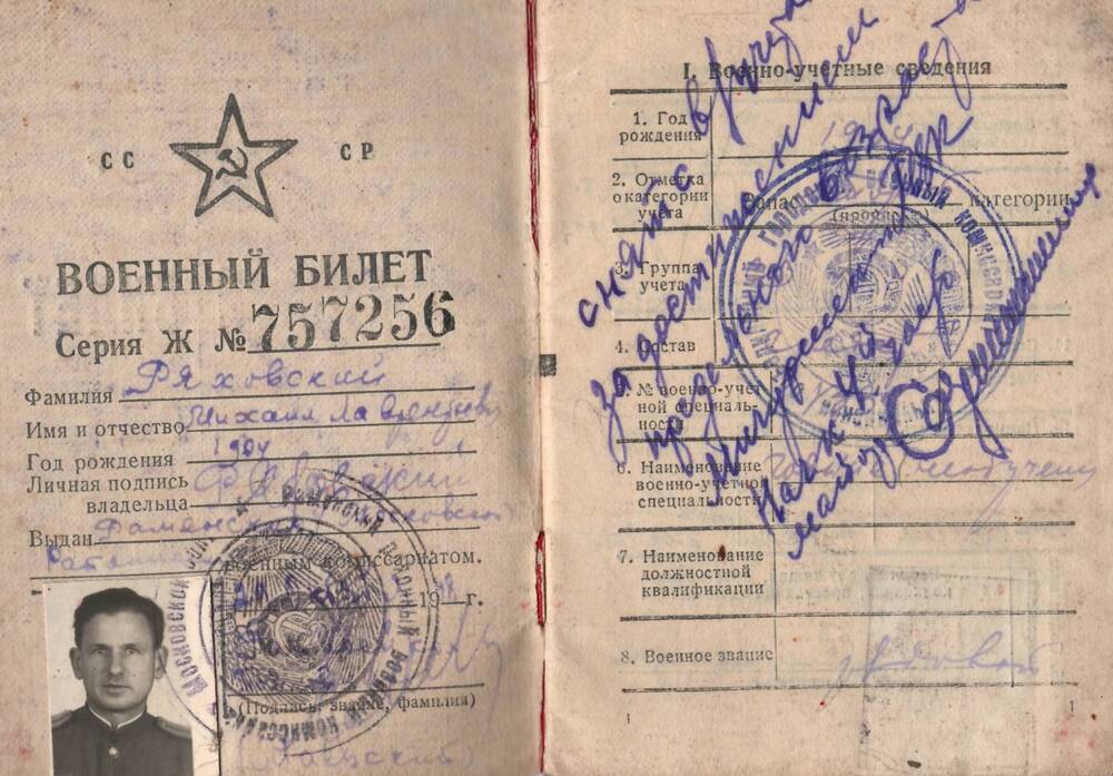 Военный билет Ряховского М.Л.