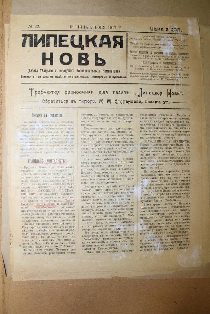 Газета Липецкая новь № 22  от 2 июня 1917 г.