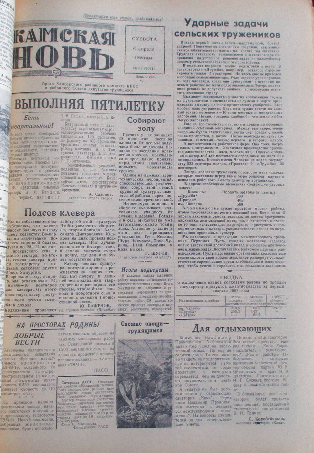 Газета Камская новь за 1968 год, орган Камбарского Райсовета и РККПСС, подшивка с №1 по №150, №39.