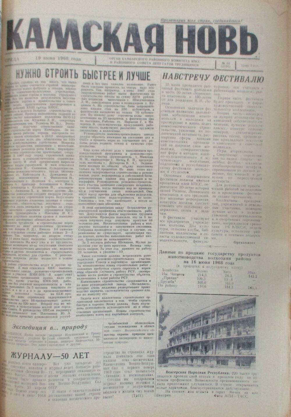Газета Камская новь за 1968 год, орган Камбарского Райсовета и РККПСС, подшивка с №1 по №150, №68.