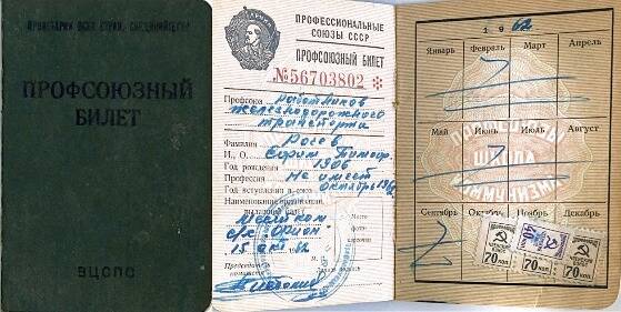 Документ Профсоюзный билет Рочева Ефима Тимофеевича