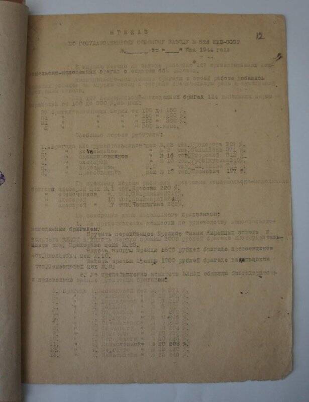 Приказ по Государственному Союзному заводу № 526 НКВ СССР от мая 1944 г.