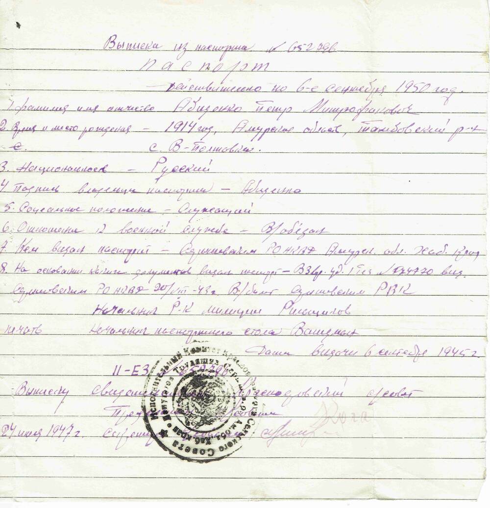 Выписка из паспорта Абиденко Петра Митрофановича.