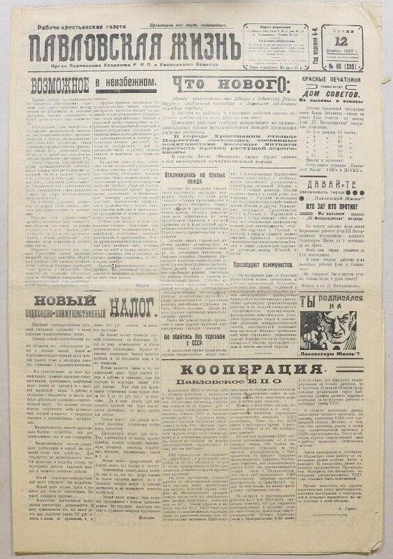 Рабоче-крестьянская газета. Павловская жизнь. - 1923. - № 85, 12 дек.