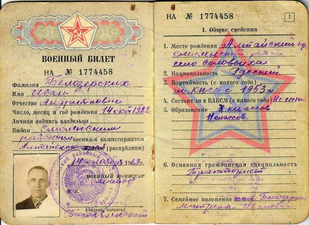 Билет военный НА № 1774458  Белозерских Ивана Андрияновича (14.10.1922-08.11.1998), участника Великой Отечественной войны.