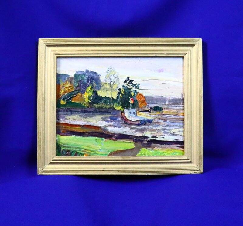 Картина «Залив с катером», из Коллекции картин (живопись, графика, рисунок) художника г. Чистополя Самойлова П.Е. 1980-90-е гг.