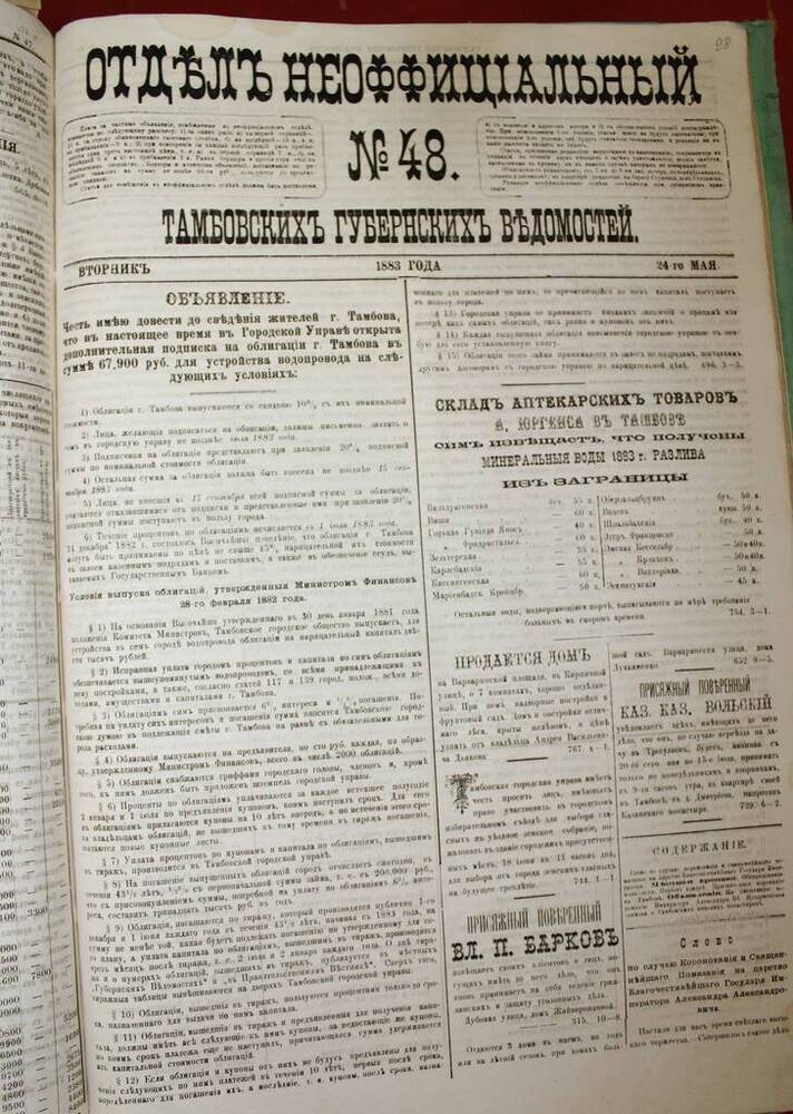 Газета Отдел Неоффициальный № 48 от 24.05.1883 г. 