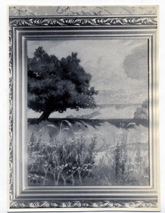 Фоторепродукция картины. Фоторепродукция картины художника Степанова А.П с изображением дерева на берегу реки.