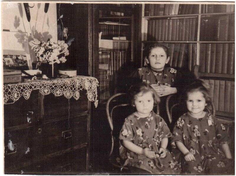 Фотография. Люда, Наташа и Галя Машинцевы  на фоне книжных стеллажей