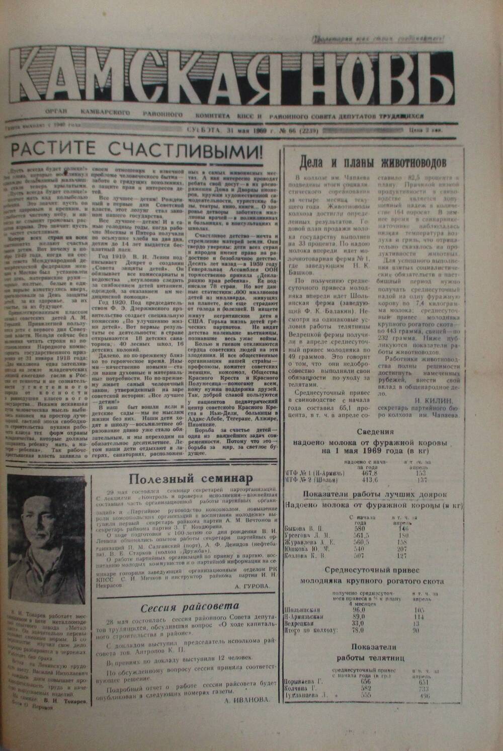 Газеты Камская новь за 1969 год, орган Камбарского райсовета и  РККПСС, с №1 по №66, с №68 по №156. №66.