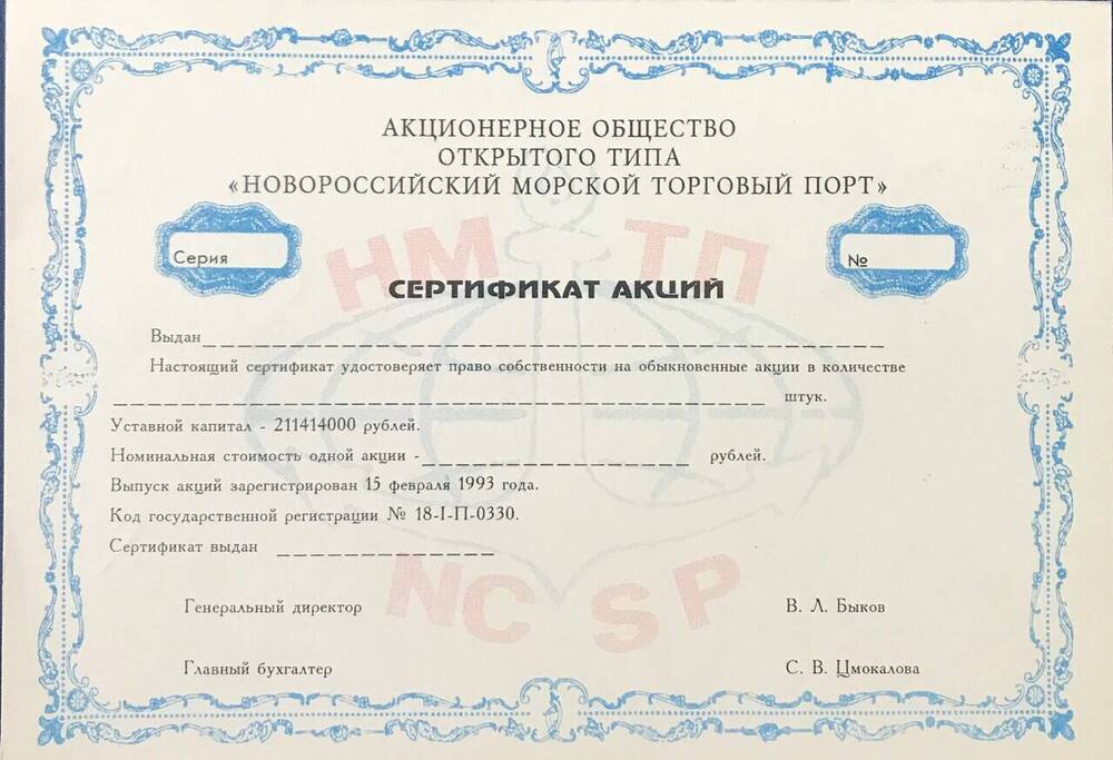 Бланк сертификата акций АООТ  «Новороссийский морской торговый порт».  1990-е гг.