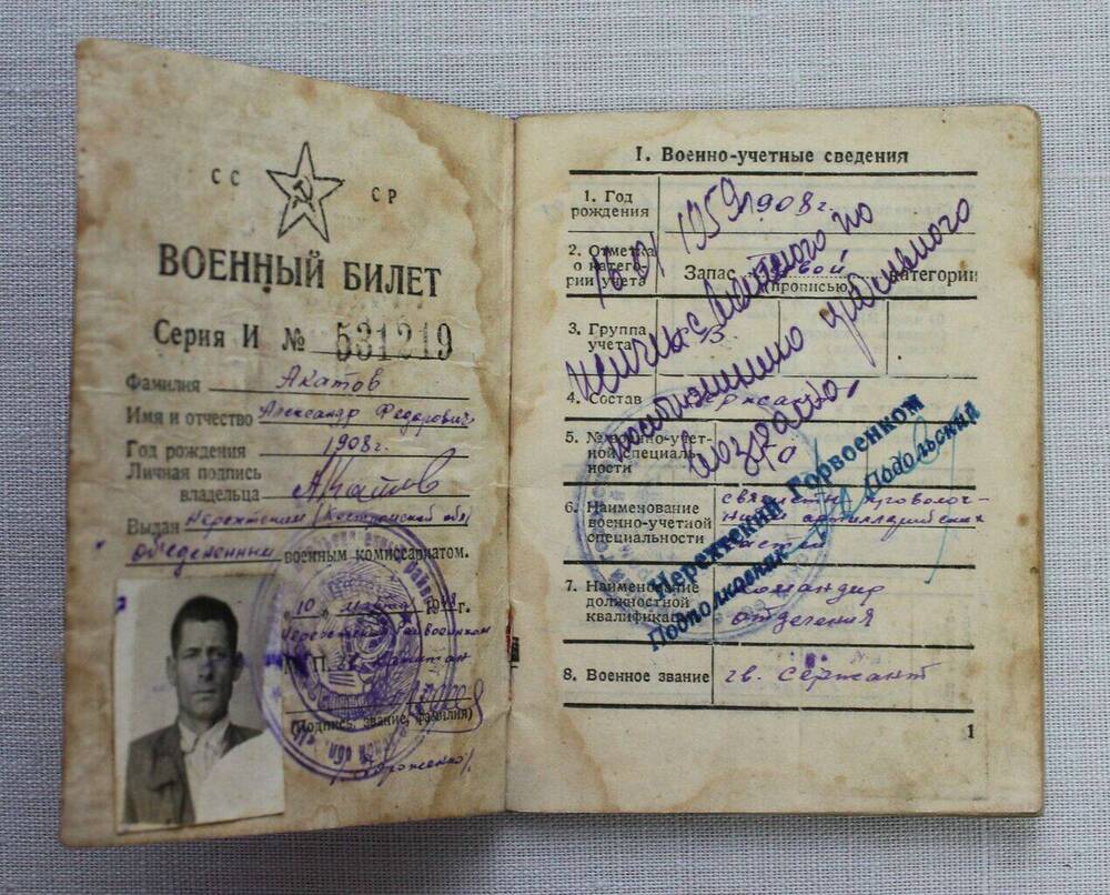 Документ. Военный билет № 531219 Акатова Александра Федоровича.