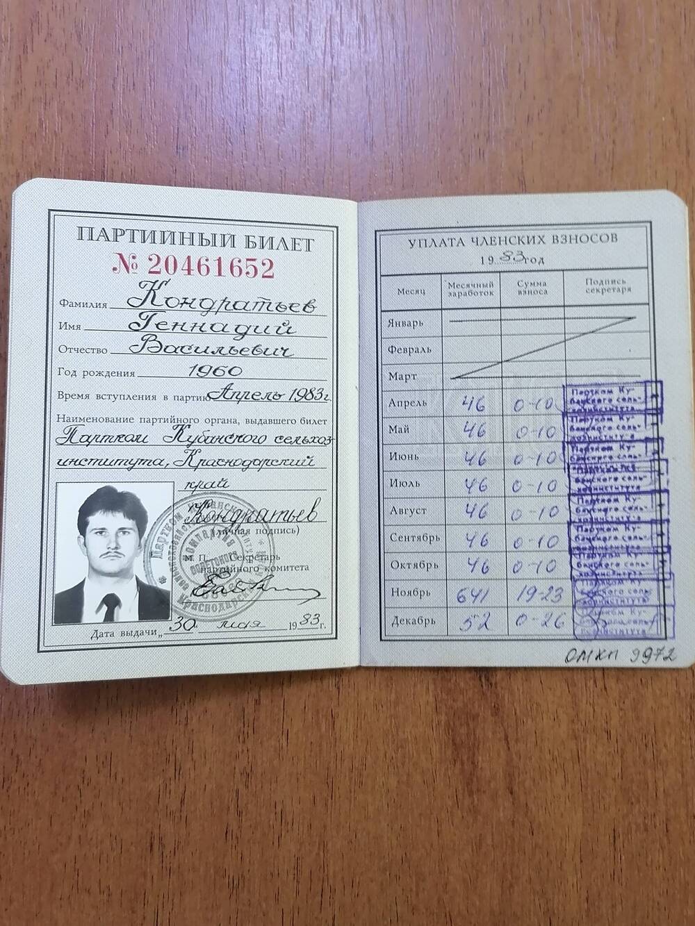 Билет партийный № 20461652 Кандратьева Геннадия Васильевича