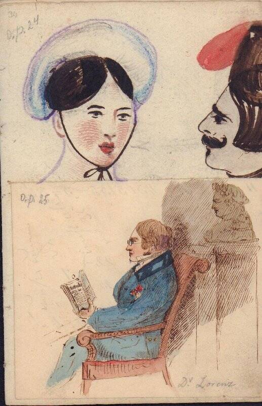 Зарисовка: женская головка и мужской профиль. На лист наклеен портрет доктора Лоренса. Альбом рисунков, набросков, карикатур