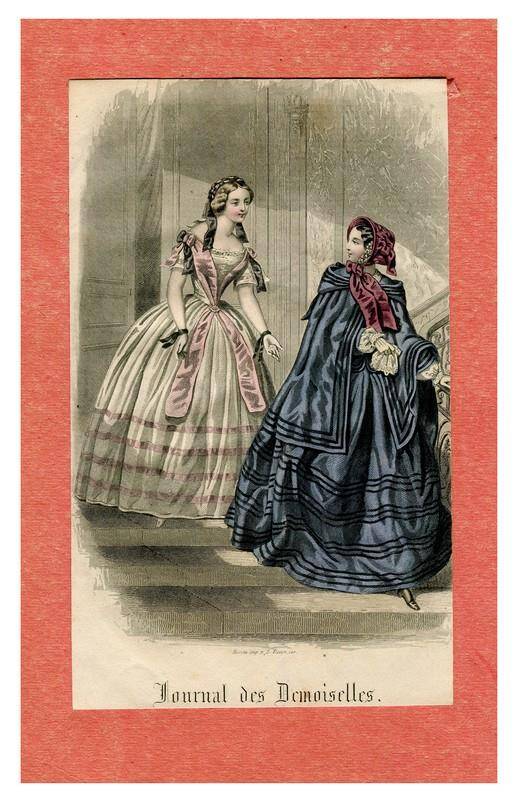 Гравюра цветная. Женская мода. Иллюстрация из ежемесячного журнала «Journal des Demoiselles»