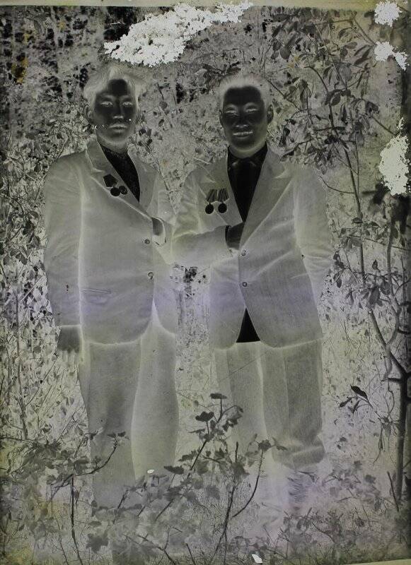 Фотопластинка. Фотопластинка стеклянная с негативным изображением. На фоне деревьев стоят две мужчины, одеты в костюмы. На груди медали.