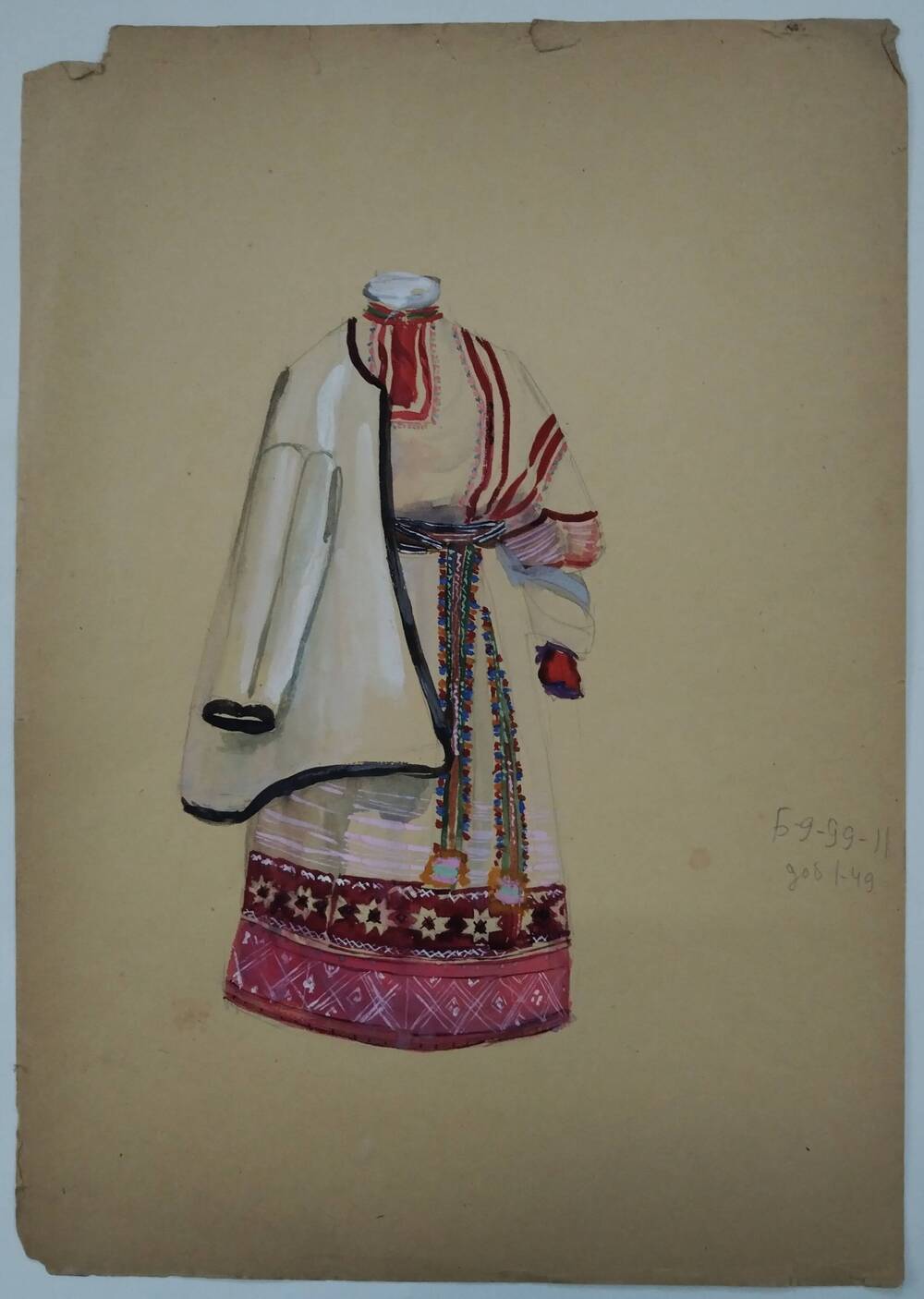 Чернышова Г.А. Зарисовка народного женского костюма (север) с верхней одеждой (летняя курта).