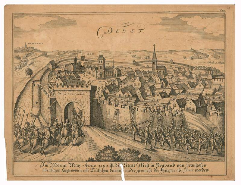 Гравюра Взятие французами города Диста в мае 1580 г..