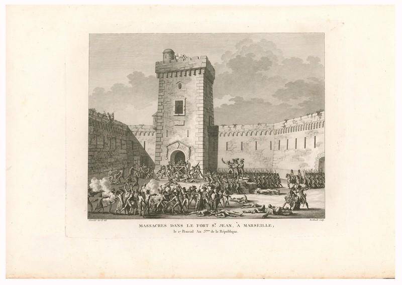 Гравюра Избиение в форте Сен Жан у Марселя 17 прериаля 3-го года республики.
