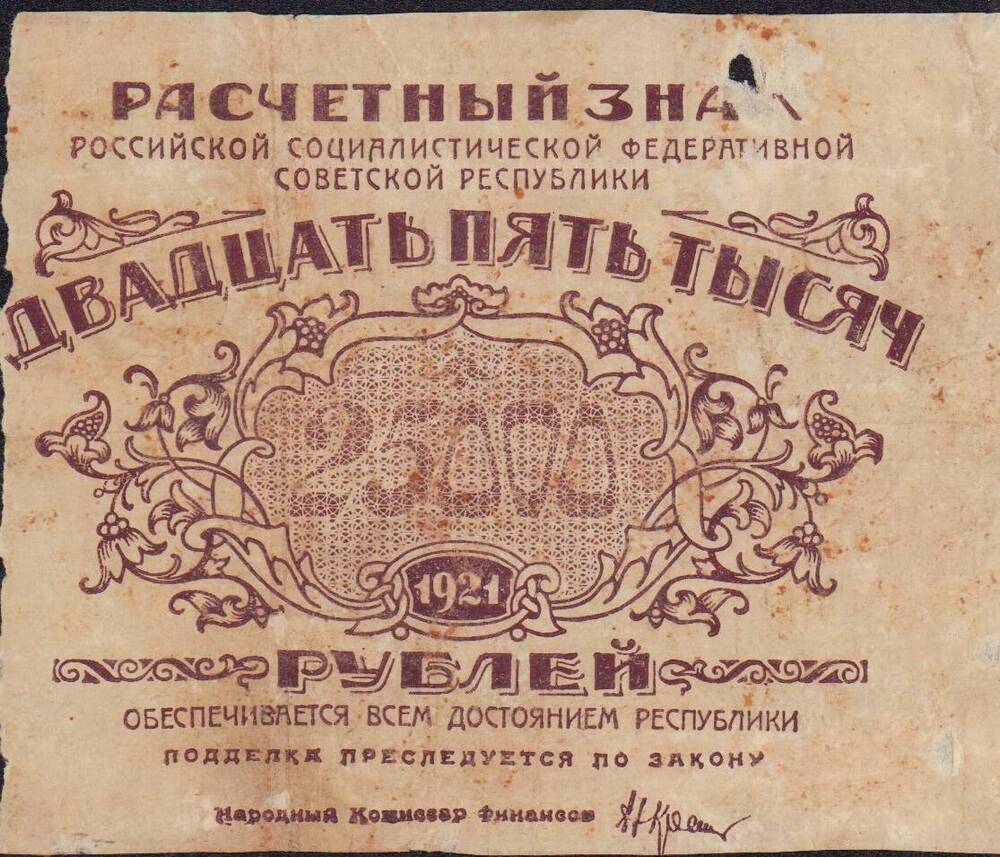 Банкнота 25 000 рублей 1921 года