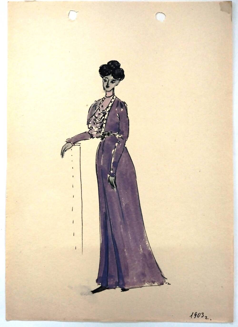 Чернышова Г.А. Эскиз женского костюма 1903 года в лиловых тонах, жакетом болеро и блузке с жабо.