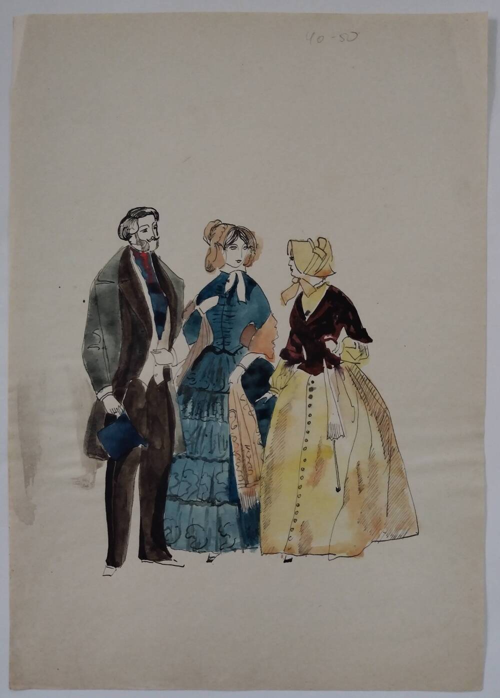 Чернышова Г. А. Эскиз с изображением двух дам и джентльмена в костюмах 50х -60-х гг. 19 в. Мужчина с цилиндром в руке, одна из дам в накинутой шали.