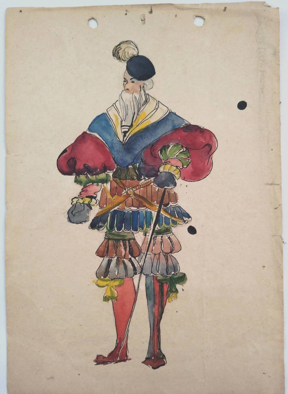 Чернышова Г.А. Эскиз (15-16 в) мужского костюма эпохи Возрождения (16 в) (театрализованный). Мужчина в берете с пером и шпагой.