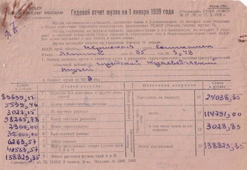 Годовой отчет Соликамского музея на 01.01.1939 года.