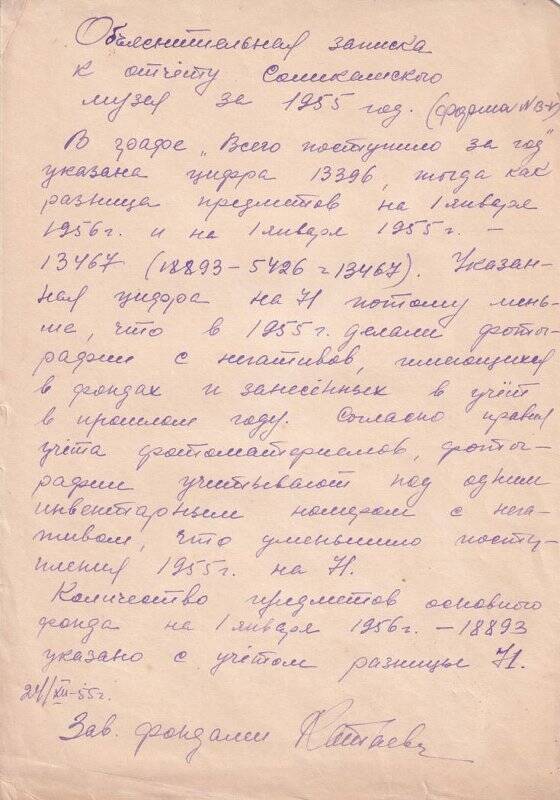 Объяснительная записка к отчету Соликамского музея за 1955 год.