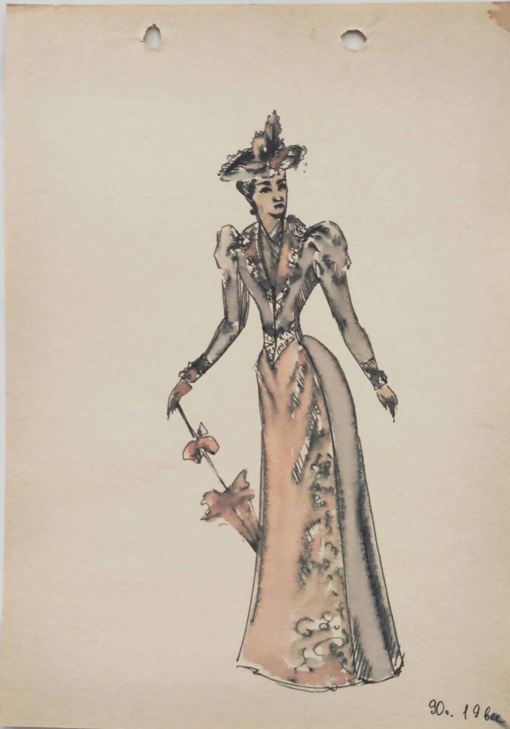 Чернышова Г.А.  Эскиз женского платья в розово-лиловых тонах в комплекте с зонтиком и шляпкой 90-х гг.19 в.